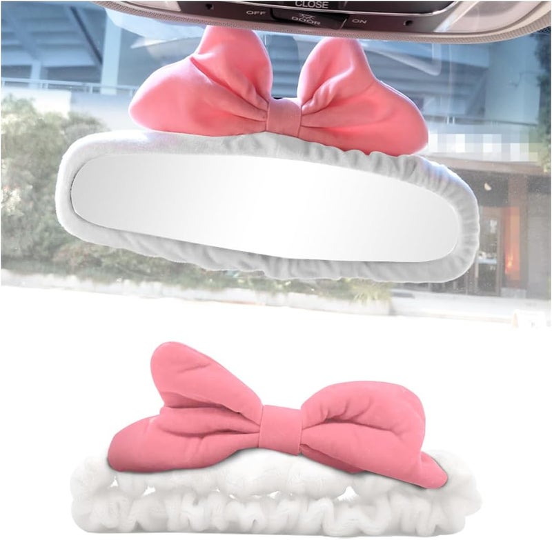 Bittwee Car Rearview Mirror Cover, Auto Interior Elastic Comfortable Rear View Mirror Protector Decorative Accessories for Girls Women Man Gift, Universal for Vehicles, SUV, Truck, RV (White/PInk) - Image 1